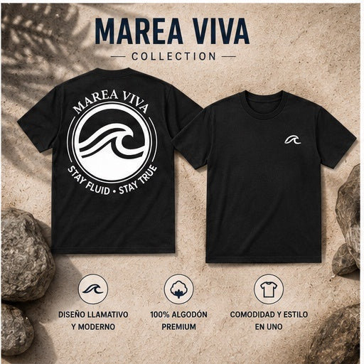 Black t-shirt with Marea Viva branding on a textured stone background